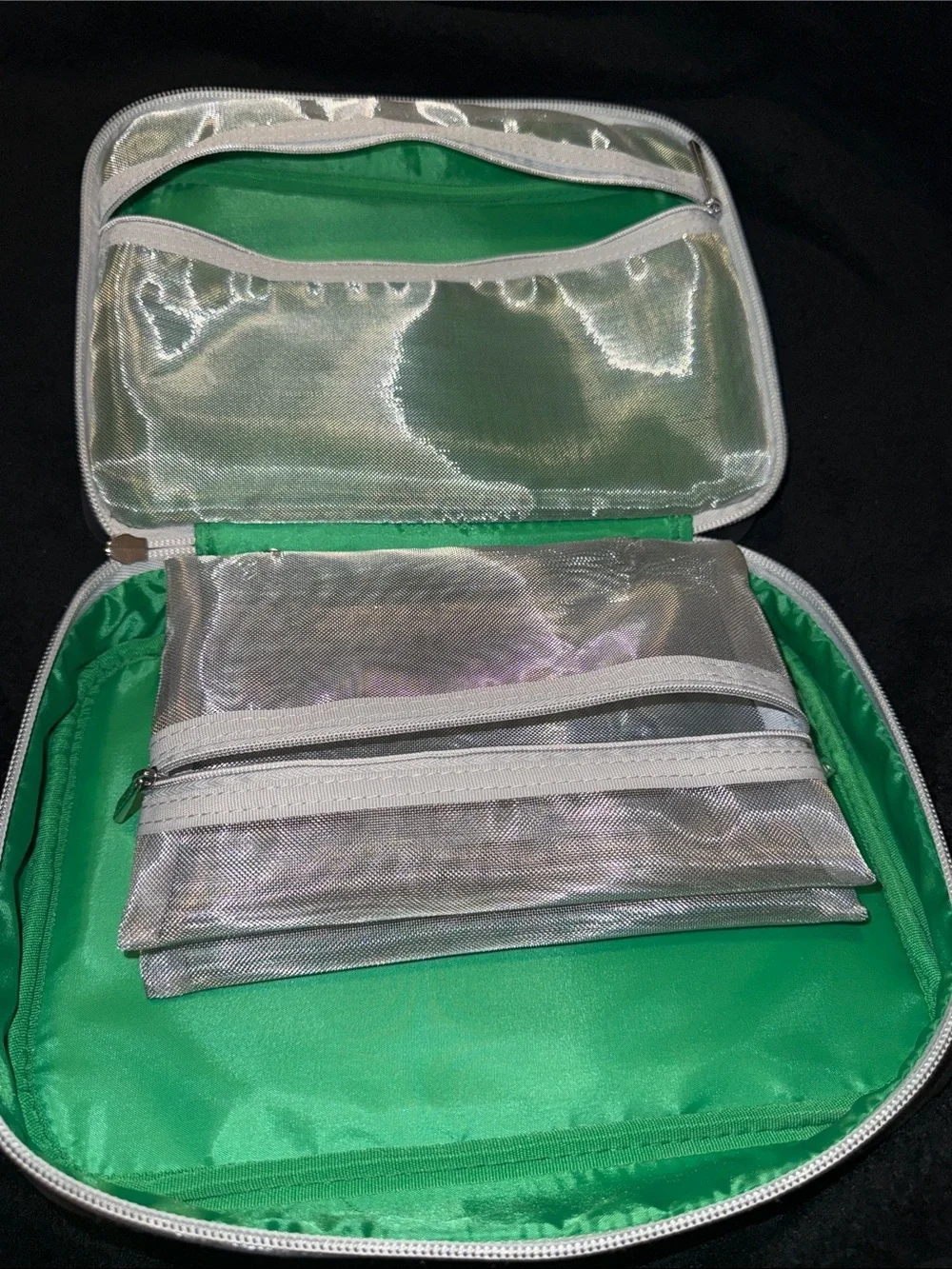Clinique Puffy Travel Cosmetic Organizer Bag Set - Silver & Green
